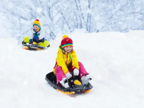 Two children in winter gear sledding down a hill