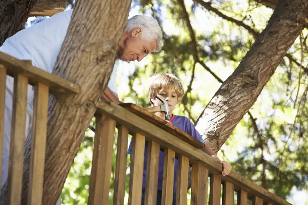 Grandfather and grandson building a treehouse