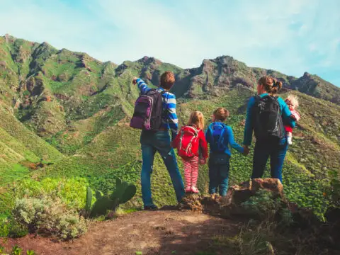 family with three kids hiking in mountains