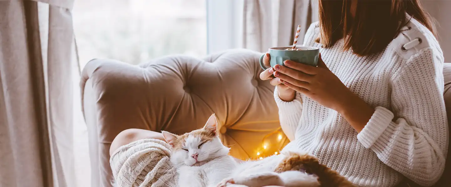 Woman sitting on couch with fuzzy socks, large blanket, a mug, and a cat on her lap